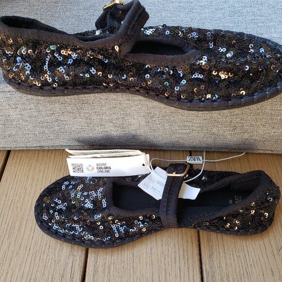BNWT ZARA Mary Jane sequin jet black flats (30 - US 12 1/2) - Picture 7 of 9